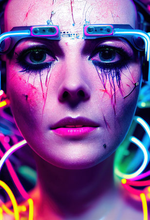 Portrait of a fictional beautiful cyberpunk fashionista Creative beautiful fantasy girl. 3D renderingの素材