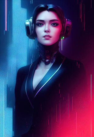 A cyberpunk portrait of an attractive woman in the unusual clothing of the future. Fashion of the future and the cyberpunk concept. 3D renderingの素材