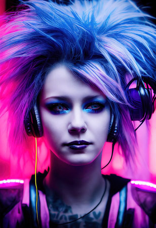 Realistic portrait of a fictional punk pretty girl with headphones and blue-pink hair. Hipster girl with punk hair. 3D renderの素材