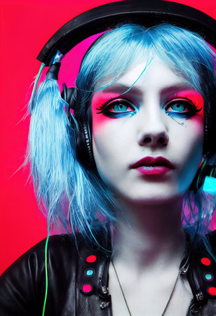 Realistic portrait of a fictional punk pretty girl with headphones and blue-pink hair. Hipster girl with punk hair. 3D renderの素材