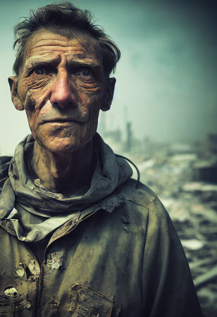 Survivor against the apocalyptic backdrop of a destroyed city. Survivor of nuclear war. 3d renderingの素材