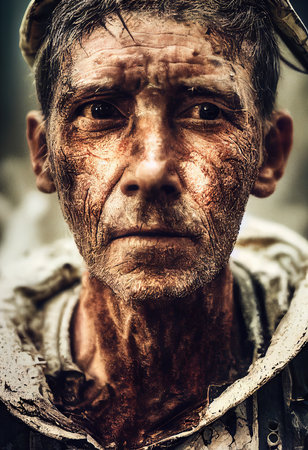 Survivor against the apocalyptic backdrop of a destroyed city. Survivor of nuclear war. 3d renderingの素材