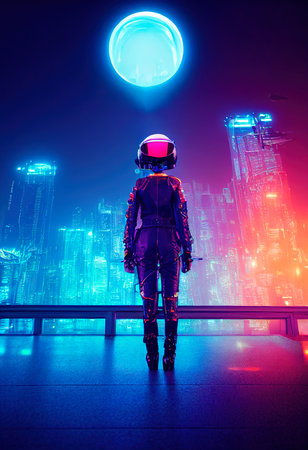 Portrait of a fictional futuristic female pilot in an aviation helmet and pilots suit, against a background of neon lights. 3d renderingの素材