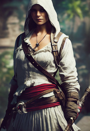 Fantasy portrait of a militant female assassin with red hair and in an ancient assassin costume. The concept of ancient warriors. 3D renderの素材