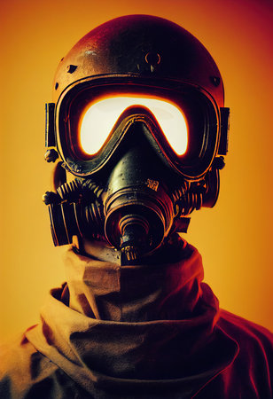 Portrait of a stalker survivor in hazmat and wearing an old gas mask against an apocalyptic background. Survivor of nuclear war. 3d renderingの素材