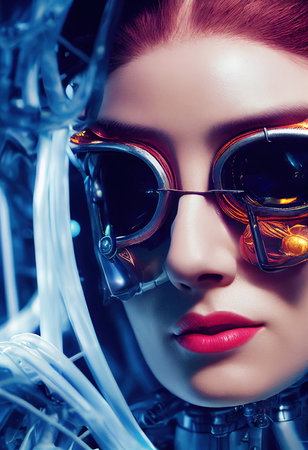 Portrait of a fictional beautiful cyberpunk fashionista wearing beautiful cyberpunk glasses. Creative beautiful fantasy girl. 3D renderingの素材