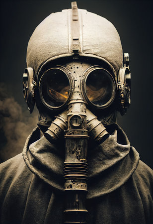 Portrait of a surviving stalker in an old gas mask against an apocalyptic background. Survivor of nuclear war. 3d renderingの素材