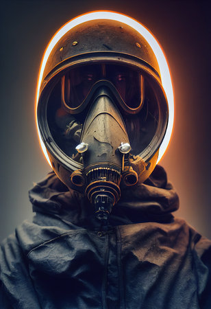 Portrait of a surviving stalker in an old gas mask against an apocalyptic background. Survivor of nuclear war. 3d renderingの素材