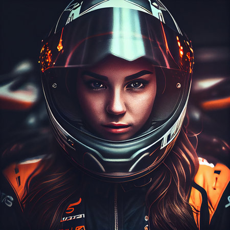Portrait of a girl racer. Pretty Girl in a racing helmet. Concept of sport and motor racing. Generative AI Artの素材