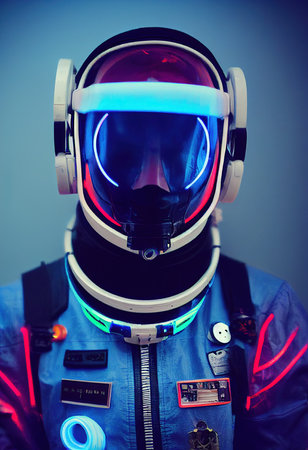 Portrait of an astronaut in neon light in a spacesuit. High-tech astronaut from the future. The concept of space travel. 3D renderingの素材