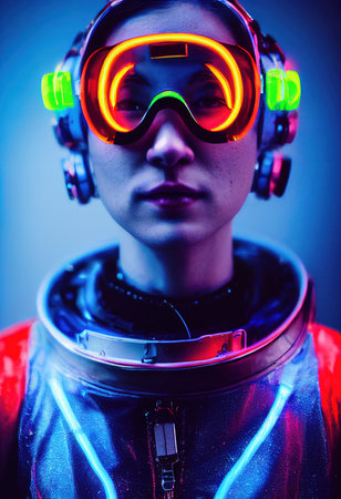 Portrait of an astronaut in neon light in a spacesuit. High-tech astronaut from the future. The concept of space travel. 3D renderingの素材