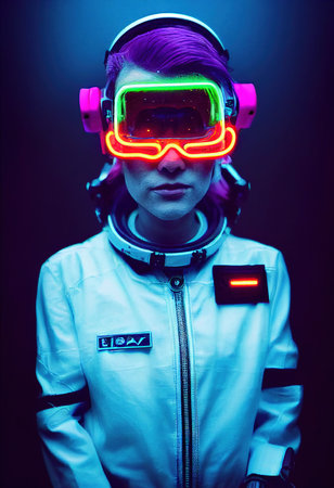 A realistic portrait of a person wearing a cyberpunk headset and cyberpunk gear. High-tech futuristic person from the future. The concept of virtual reality and cyberpunk. 3D renderの素材