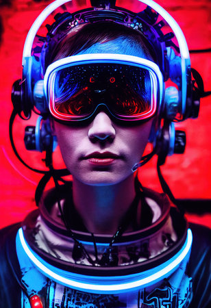 A realistic portrait of a person wearing a cyberpunk headset and cyberpunk gear. High-tech futuristic person from the future. The concept of virtual reality and cyberpunk. 3D renderの素材
