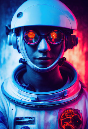 A realistic portrait of a person wearing a cyberpunk headset and cyberpunk gear. High-tech futuristic person from the future. The concept of virtual reality and cyberpunk. 3D renderの素材