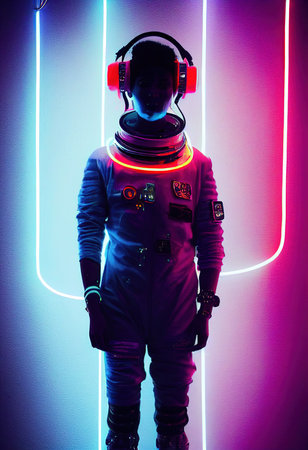 Portrait of an astronaut in neon light in a spacesuit. High-tech astronaut from the future. The concept of space travel. 3D renderingの素材