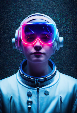 A realistic portrait of a person wearing a cyberpunk headset and cyberpunk gear. High-tech futuristic person from the future. The concept of virtual reality and cyberpunk. 3D renderの素材