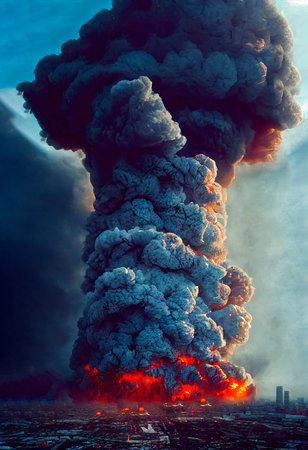 A creepy mushroom nuclear bomb explosion in a metropolis. A nuclear apocalyptic catastrophe. 3D renderingの素材