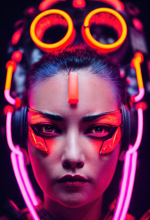 Realistic portrait of a fictional punk girl with headphones and black hair. Hipster girl with punk hair. 3D renderの素材