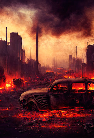 A post-apocalyptic ruined city. Destroyed buildings, burnt-out vehicles and ruined roads. Buildings on fire, smoke, smog, dust and fires. 3D renderingの素材