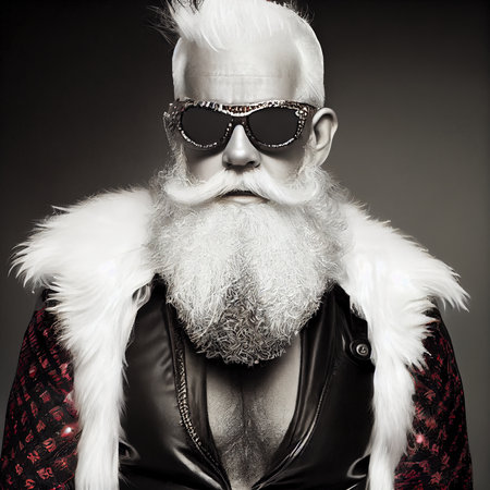 A quirky old bearded Santa Claus rockenroller. A winter holiday concept. Generative AI Artの素材
