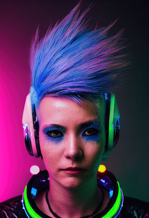 Realistic portrait of a fictional punk girl with headphones and blue hair. Hipster girl with punk hair. 3D renderの素材