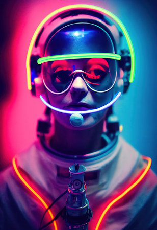 A realistic portrait of a man in neon light wearing a cyberpunk headset and cyberpunk gear. A high-tech futuristic man from the future. The concept of virtual reality and cyberpunk. 3D renderingの素材