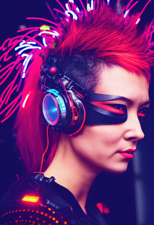 Realistic portrait of a fictional punk girl with headphones and pink hair. Hipster girl with punk hair. 3D renderの素材
