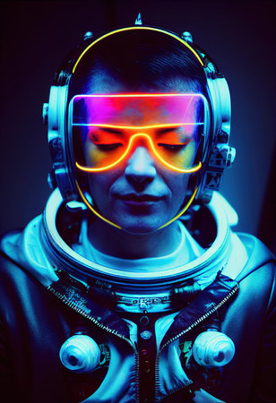 A realistic portrait of a man in neon light wearing a cyberpunk headset and cyberpunk gear. A high-tech futuristic man from the future. The concept of virtual reality and cyberpunk. 3D renderingの素材