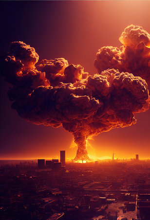 A creepy mushroom nuclear bomb explosion in a metropolis. A nuclear apocalyptic catastrophe. 3D renderingの素材