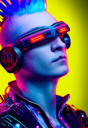 Realistic portrait of a fictional punk with headphones and blue hair. Hipster girl with punk hair. 3D renderの素材