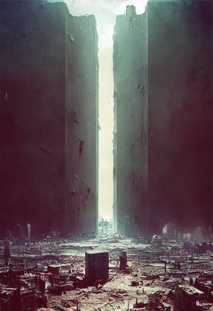 A post-apocalyptic ruined city. Destroyed buildings, burnt-out vehicles and ruined roads. 3D renderingの素材