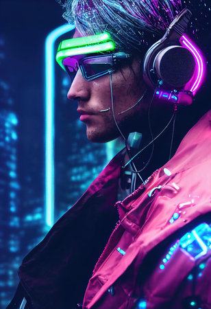 A realistic portrait of a man in neon light wearing a cyberpunk headset and cyberpunk gear. A high-tech futuristic man from the future. The concept of virtual reality and cyberpunk. 3D renderingの素材