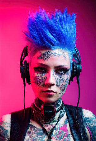 Realistic portrait of a fictional punk girl with headphones and blue hair. Hipster girl with punk hair. 3D renderの素材