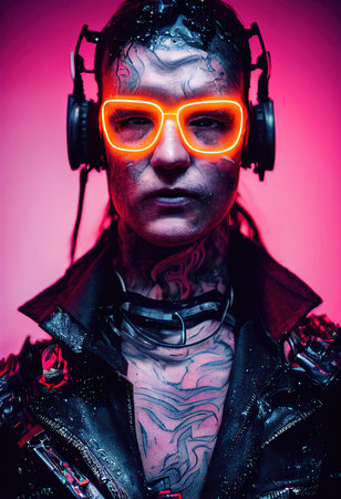 A realistic portrait of a man wearing a cyberpunk headset and cyberpunk gear. High-tech futuristic man from the future. The concept of virtual reality and cyberpunk. 3D renderの素材