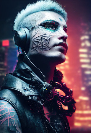 A realistic portrait of a man wearing a cyberpunk headset and cyberpunk gear. High-tech futuristic man from the future. The concept of virtual reality and cyberpunk. 3D renderの素材