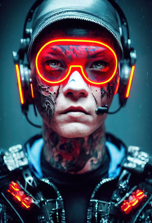 A realistic portrait of a man wearing a cyberpunk headset and cyberpunk gear. High-tech futuristic man from the future. The concept of virtual reality and cyberpunk. 3D renderの素材