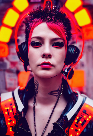 Realistic portrait of a fictional punk girl with headphones and red hair. Hipster girl with punk hair. 3D renderの素材