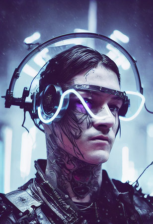 A realistic portrait of a man wearing a cyberpunk headset and cyberpunk gear. High-tech futuristic man from the future. The concept of virtual reality and cyberpunk. 3D renderの素材