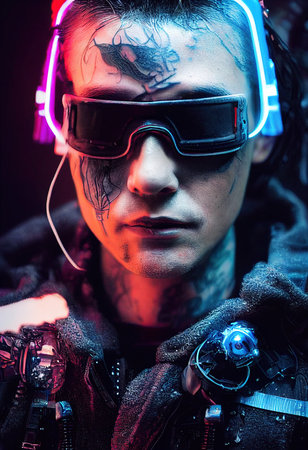 A realistic portrait of a man wearing a cyberpunk headset and cyberpunk gear. High-tech futuristic man from the future. The concept of virtual reality and cyberpunk. 3D renderの素材