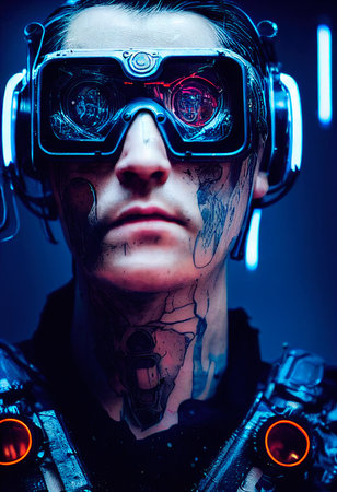 A realistic portrait of a man wearing a cyberpunk headset and cyberpunk gear. High-tech futuristic man from the future. The concept of virtual reality and cyberpunk. 3D renderの素材