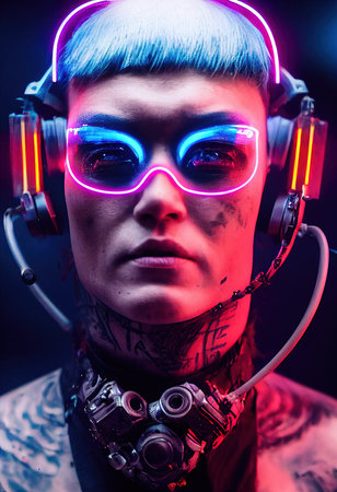 A realistic portrait of a man wearing a cyberpunk headset and cyberpunk gear. High-tech futuristic man from the future. The concept of virtual reality and cyberpunk. 3D renderの素材
