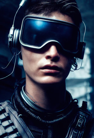 A realistic portrait of a man wearing a cyberpunk headset and cyberpunk gear. High-tech futuristic man from the future. The concept of virtual reality and cyberpunk. 3D renderの素材
