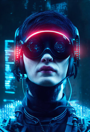 A realistic portrait of a man wearing a cyberpunk headset and cyberpunk gear. High-tech futuristic man from the future. The concept of virtual reality and cyberpunk. 3D renderの素材