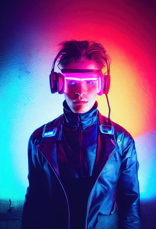 Realistic portrait of a sci-fi neon cyberpunk men in a cyber suit. High-tech futuristic man from the future. The concept of virtual reality and cyberpunk. 3D render.の素材