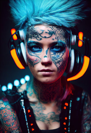 Realistic portrait of a fictional punk girl with headphones and blue hair. Hipster girl with punk hair. 3D renderの素材
