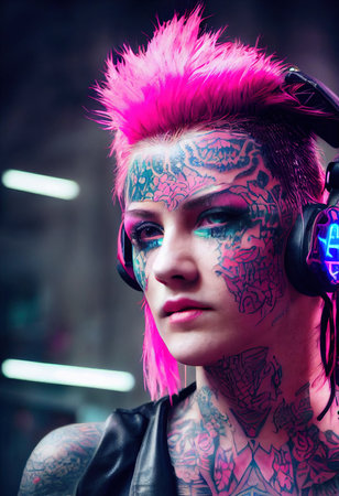 Realistic portrait of a fictional punk girl with headphones and pink hair. Hipster girl with punk hair. 3D renderの素材