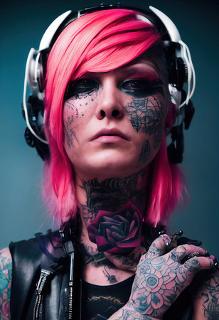 Realistic portrait of a fictional punk girl with headphones and pink hair. Hipster girl with punk hair. 3D renderの素材