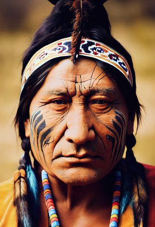 Portrait of a fictional Indian shaman from the Comanche Indian tribe. An ancient Indian hunter against the backdrop of the steppe. 3D renderの素材