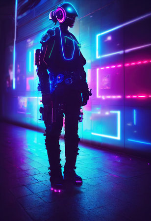 Realistic portrait of a man in a cyberpunk suit with a background of neon light. High-tech futuristic man from the future. The concept of virtual reality and cyberpunk. 3D render.の素材