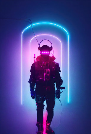Realistic portrait of a man in a cyberpunk suit with a background of neon light. High-tech futuristic man from the future. The concept of virtual reality and cyberpunk. 3D render.の素材